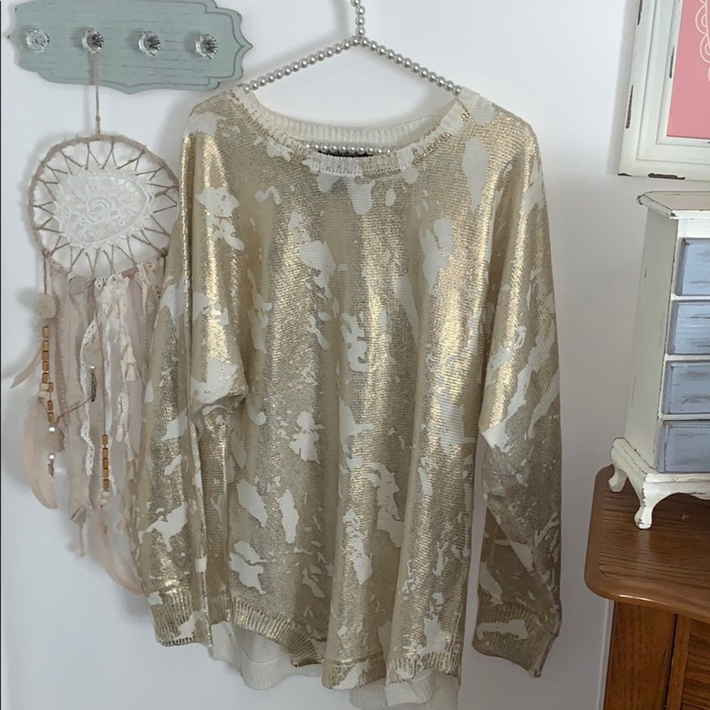 Ashley Stewart Sweater 12 Womens Gold Metallic Foil Knit Oversized Pullover Top